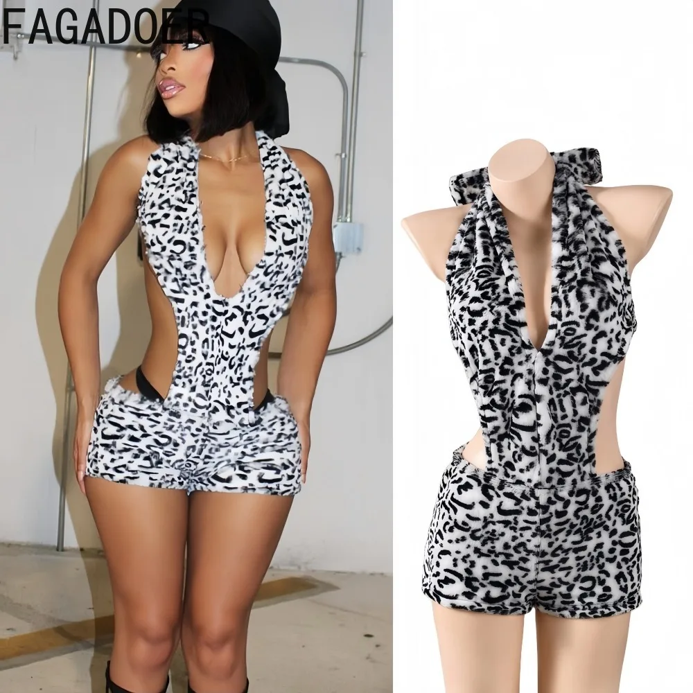 FAGADOER Sexy White Leopard Print Bodycon Romper Women Halter Sleeveless Backless Jumpsuits Female Streetwear Overalls 2025
FAGADOER Sexy White Leopard Print Bodycon Romper Women Halter Sleeveless Backless Jumpsuits Female Streetwear Overalls 2025