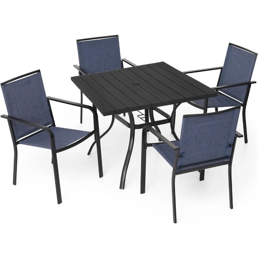5 Piece Outdoor Dining Sets, Blue Sling Patio Stacking Chairs and 37" Wood-Like Square Patio Table with Umbrella Hole for Garden
5 Piece Outdoor Dining Sets, Blue Sling Patio Stacking Chairs and 37" Wood-Like Square Patio Table with Umbrella Hole for Garden