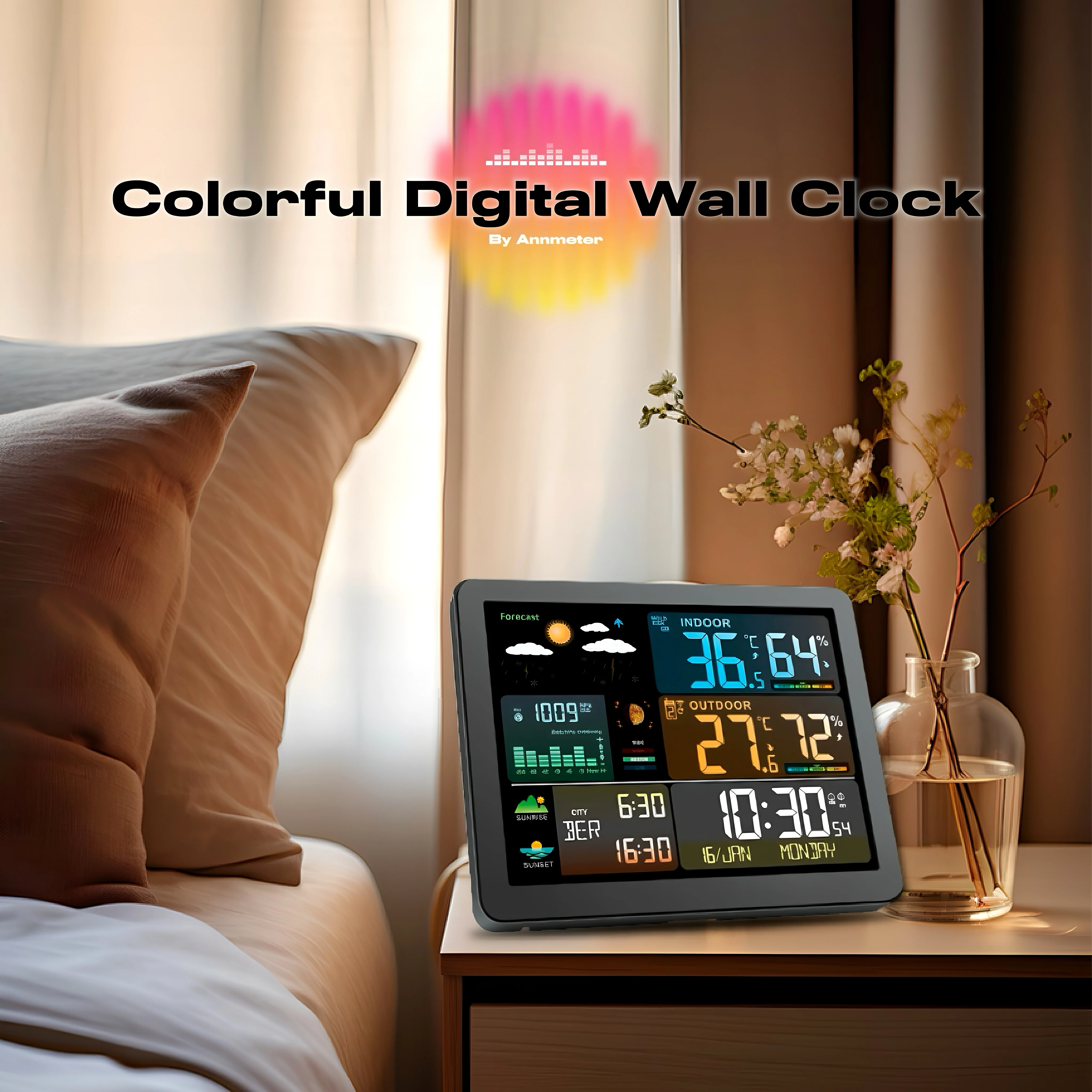Colorful Digital Wall Clock – Dual Alarms, Weather Station w/ Barometer, Thermometer & Hygrometer, Modern White
Colorful Digital Wall Clock – Dual Alarms, Weather Station w/ Barometer, Thermometer & Hygrometer, Modern White
