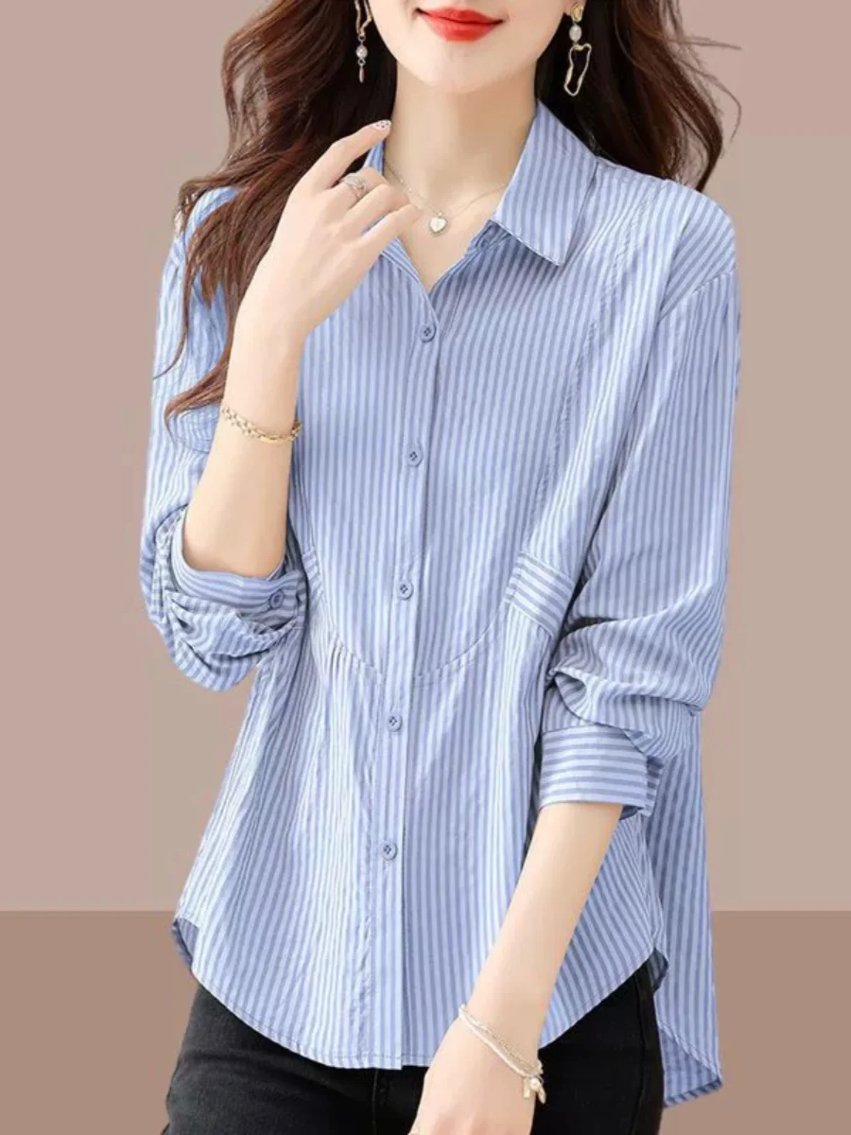 Fashionable Striped Women's Shirt Cover Belly Slimming Design Spring Autumn New Style Collar Long Sleeve Polyester Fiber
Fashionable Striped Women's Shirt Cover Belly Slimming Design Spring Autumn New Style Collar Long Sleeve Polyester Fiber