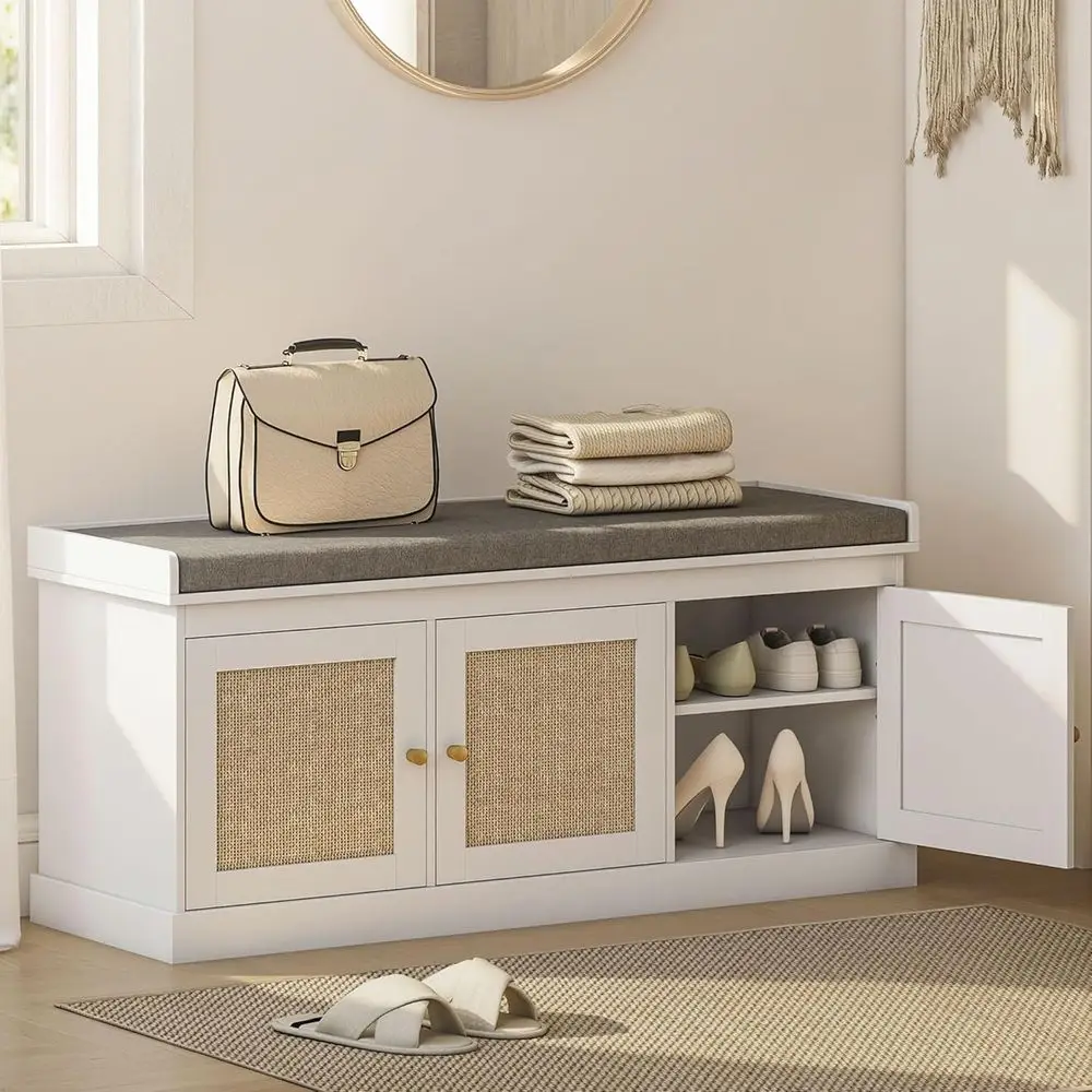 Woven Rattan Shoe Storage Bench with Cushion, Adjustable Shelves for 9 Pairs, Boho Style, 13.8 x 41.3 x 18.5 Inches, White
Woven Rattan Shoe Storage Bench with Cushion, Adjustable Shelves for 9 Pairs, Boho Style, 13.8 x 41.3 x 18.5 Inches, White