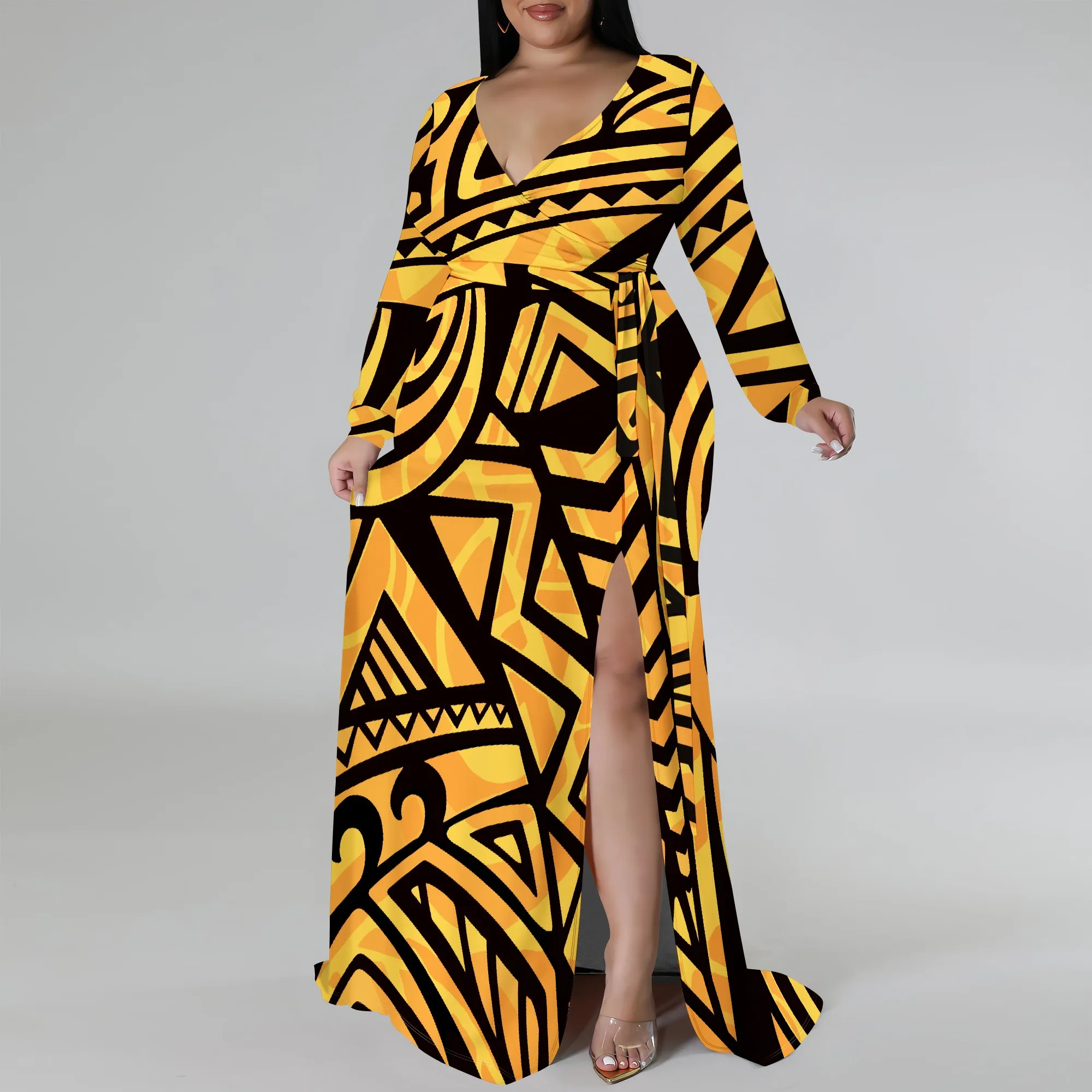 Plus Size Long Sleeve Yellow and Black Geometric Wrap Dress for Women, Elegant Maxi Dress with Side Slit
Plus Size Long Sleeve Yellow and Black Geometric Wrap Dress for Women, Elegant Maxi Dress with Side Slit