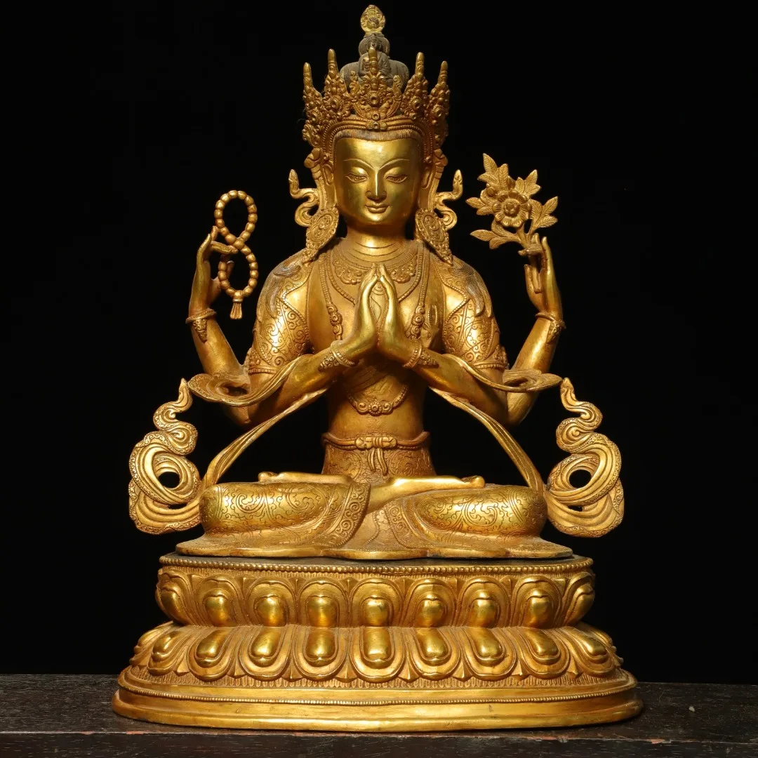 17"Tibetan Temple Collection Old Bronze Gilded Cinnabar Four armed Guanyin Sitting Buddha Lotus Terrace separable Worship Hall
17"Tibetan Temple Collection Old Bronze Gilded Cinnabar Four armed Guanyin Sitting Buddha Lotus Terrace separable Worship Hall
