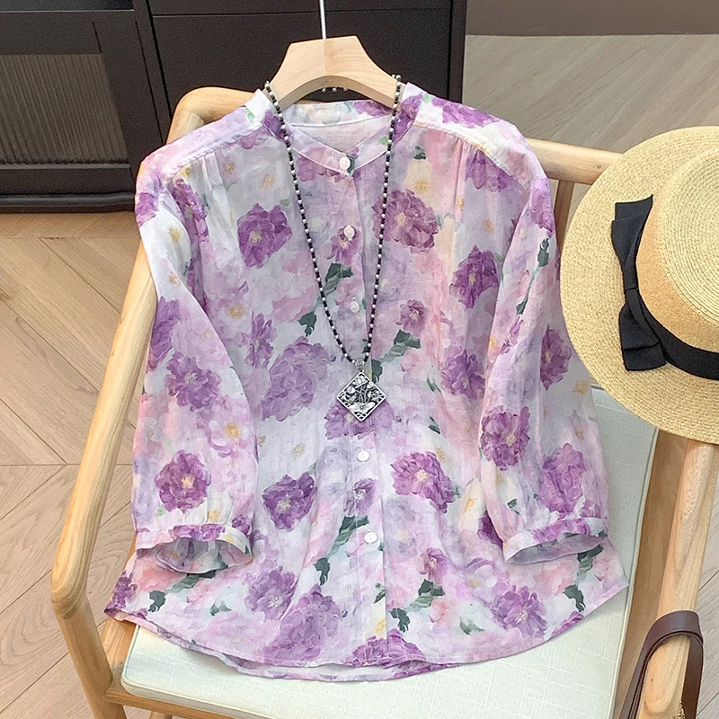 Early Autumn Purple Flower Digital Print irt High Quali Linen Stand Collar Women's Tee Quarter Sve Thin Cotton Blend
Early Autumn Purple Flower Digital Print irt High Quali Linen Stand Collar Women's Tee Quarter Sve Thin Cotton Blend