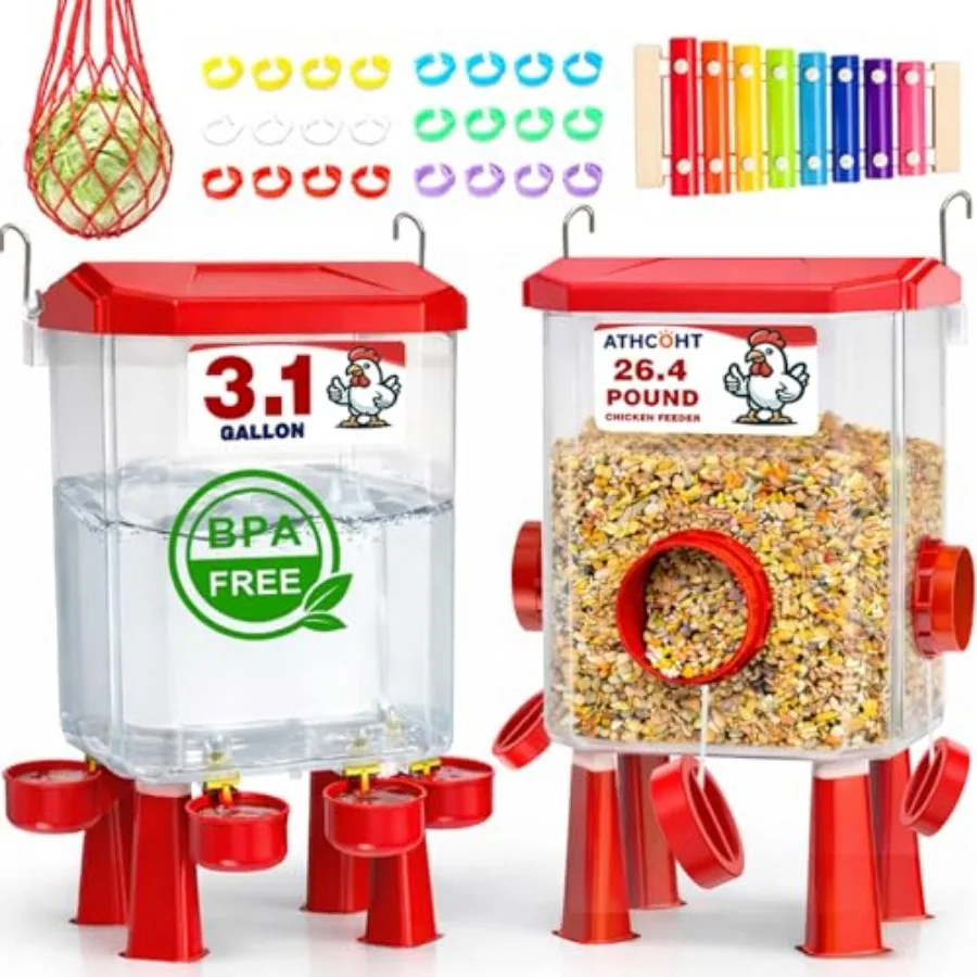 Large Chicken Feeder and Waterer Set 3.1 Gallon/26.4 Pounds, Automatic Chicken Waterer with 4 Cups and 3 Feeder Ports No Waste
Large Chicken Feeder and Waterer Set 3.1 Gallon/26.4 Pounds, Automatic Chicken Waterer with 4 Cups and 3 Feeder Ports No Waste