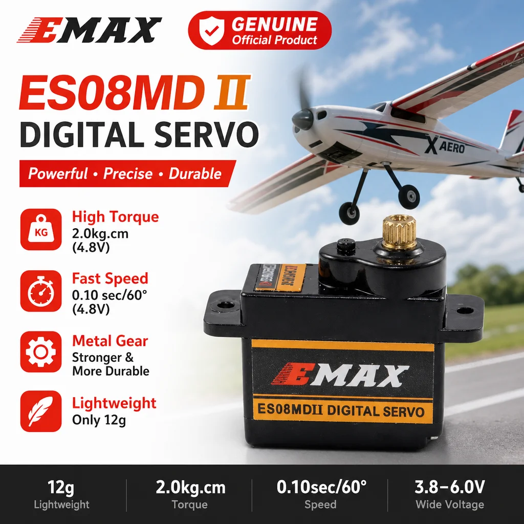 EMAX ES08MD II Digital Servo, 12g 2.0kg 0.1sec Metal Gear Official Genuine
EMAX ES08MD II Digital Servo, 12g 2.0kg 0.1sec Metal Gear Official Genuine