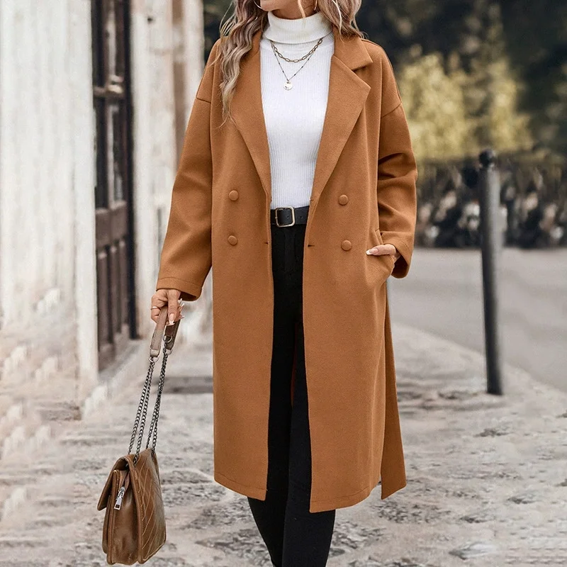Fashion Sashes Camel Woolen Coat Women's Long Wool Blends Overcoat Spring Autumn Double-breasted Loose Outerwear Casual Jackets
Fashion Sashes Camel Woolen Coat Women's Long Wool Blends Overcoat Spring Autumn Double-breasted Loose Outerwear Casual Jackets