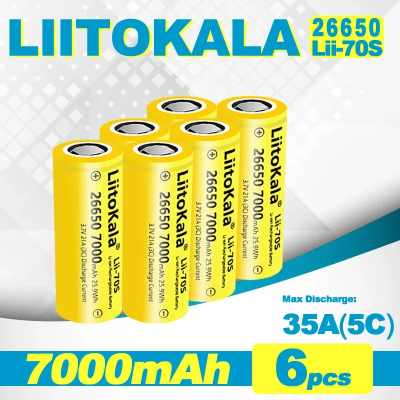 6pcs LiitoKala Lii-70S 26650 7000mAh Li-ion Battery 3.7V 21A High Discharge for Flashlights/Tools/Power Devices
6pcs LiitoKala Lii-70S 26650 7000mAh Li-ion Battery 3.7V 21A High Discharge for Flashlights/Tools/Power Devices
