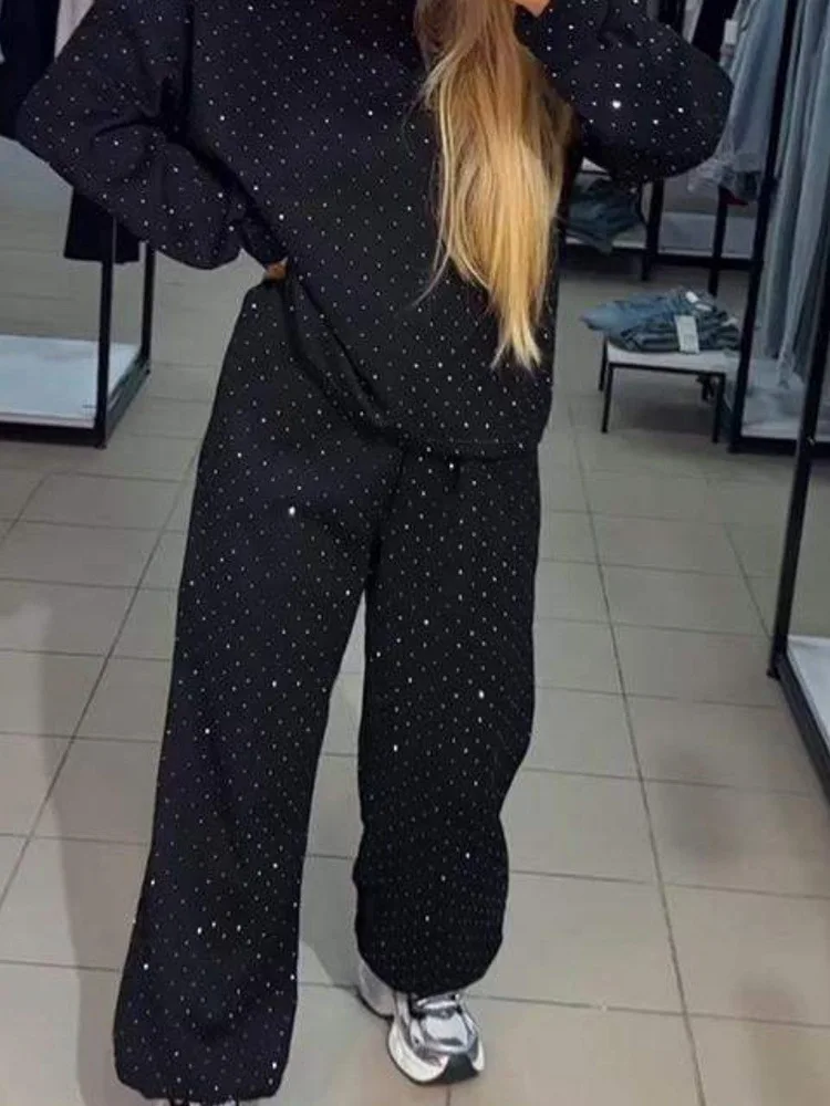 Повседневная круглая толстовка Ne Long Sve и комплект брюк со стразами для всего тела, осенне-зимний женский модный комплект 
Повседневная круглая толстовка Ne Long Sve и комплект брюк со стразами для всего тела, осенне-зимний женский модный комплект