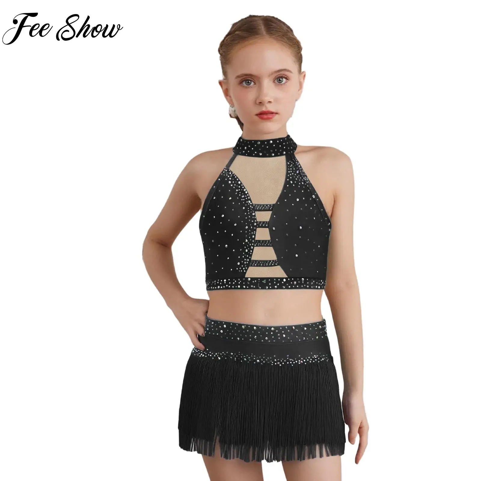 Kids Girls Latin Lyrical Dance Performance Costume Halter Sleeveless Rhinestone Crop Top Tiered Vest with Tassel Briefs Skirt
Kids Girls Latin Lyrical Dance Performance Costume Halter Sleeveless Rhinestone Crop Top Tiered Vest with Tassel Briefs Skirt