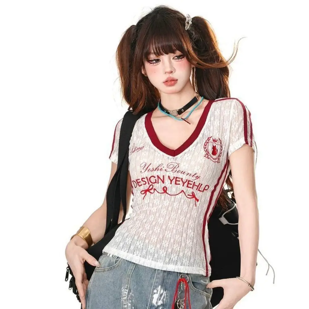 Micro Transparent V-neck T-shirt Short Sleeved Slim Fit Lace Embroidery Top Letter Graphic Lace Embroidery Y2k Aesthetic Top
Micro Transparent V-neck T-shirt Short Sleeved Slim Fit Lace Embroidery Top Letter Graphic Lace Embroidery Y2k Aesthetic Top