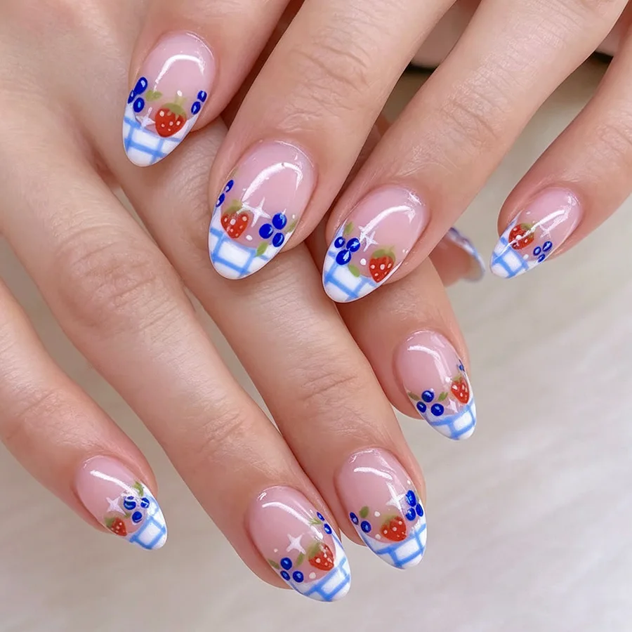 24Pcs Short Round False Nails Press on Blue White French Plaid Manicure Tips Strawberry Blueberry Reusable Full Cover Fake Nails
24Pcs Short Round False Nails Press on Blue White French Plaid Manicure Tips Strawberry Blueberry Reusable Full Cover Fake Nails