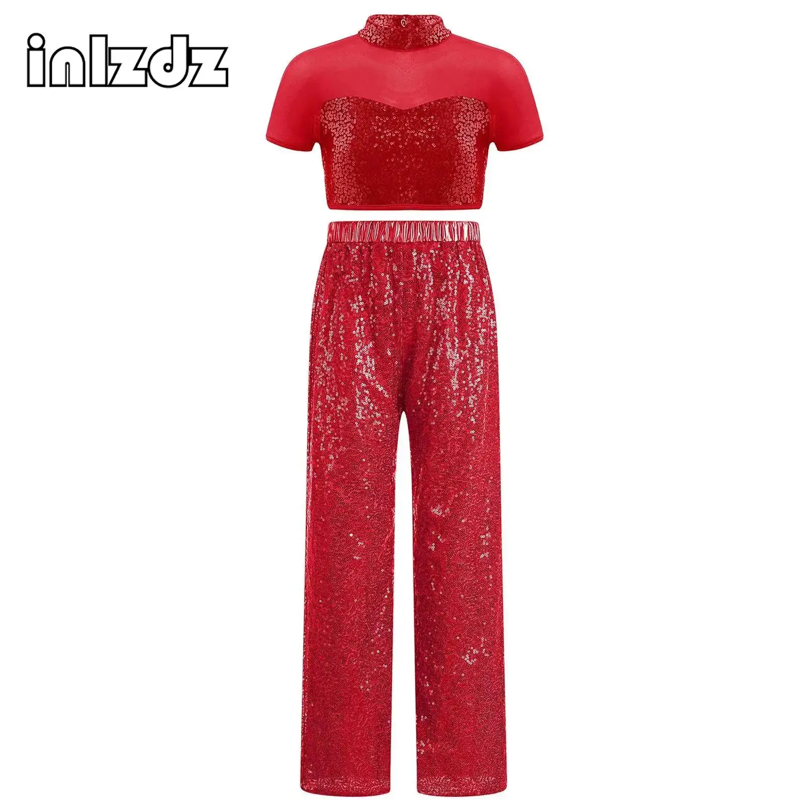 Kids Girls Jazz Latin Dance Outfit Mock Neckline Cutout Back Shiny Sequins Crop Top with Sequined Pants for Stage Performances
Kids Girls Jazz Latin Dance Outfit Mock Neckline Cutout Back Shiny Sequins Crop Top with Sequined Pants for Stage Performances