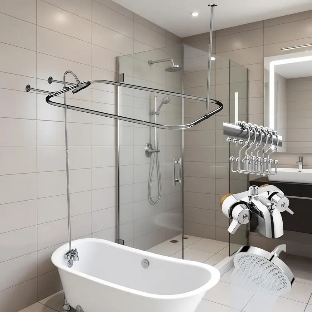 Add-On Shower Unit with Diverter, 48 x 27 Clawfoot Tub Shower Curtain Rod, Chrome Shower Set
Add-On Shower Unit with Diverter, 48 x 27 Clawfoot Tub Shower Curtain Rod, Chrome Shower Set