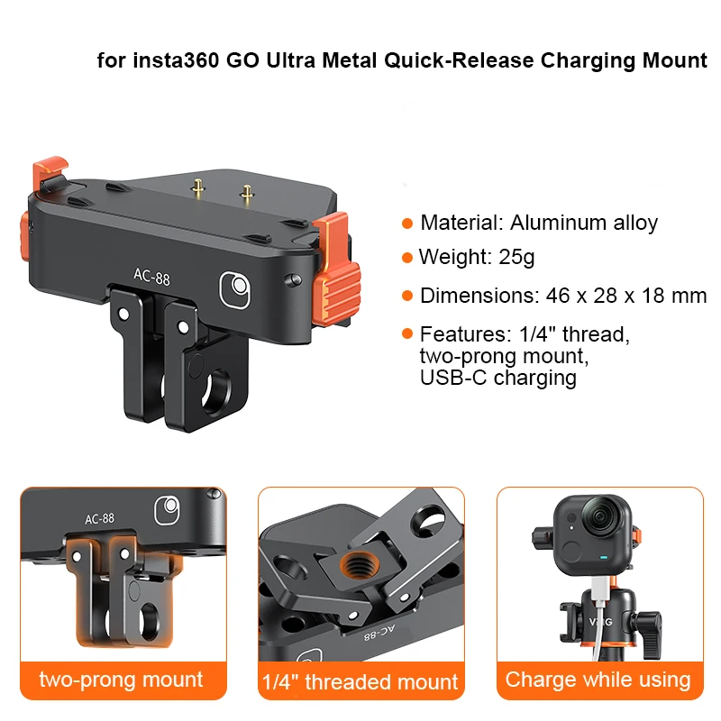 Aluminum Alloy Quick Release Charging Mount with Magnetic Attachment Type C Port 1/4 Screw Adapter for Insta360 GO Ultra
Aluminum Alloy Quick Release Charging Mount with Magnetic Attachment Type C Port 1/4 Screw Adapter for Insta360 GO Ultra
