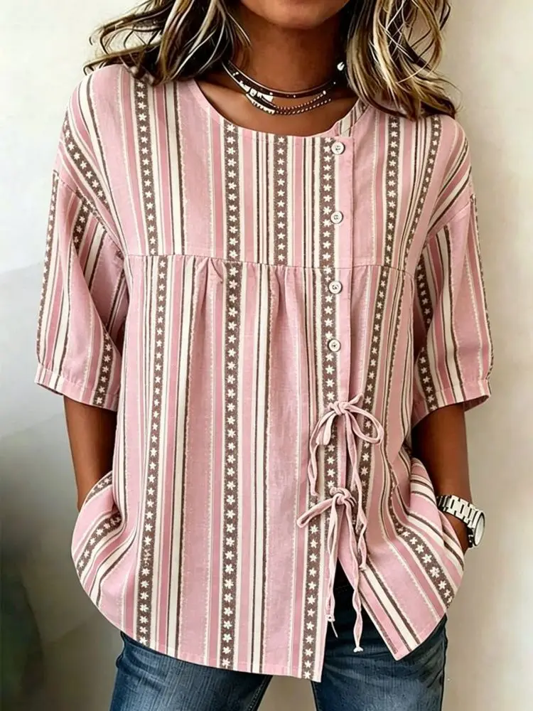 Women's Striped & Star Print Casual Blouse, Button Tie Front Loose Top with Pockets for Spring Summer Daily Wear
Women's Striped & Star Print Casual Blouse, Button Tie Front Loose Top with Pockets for Spring Summer Daily Wear