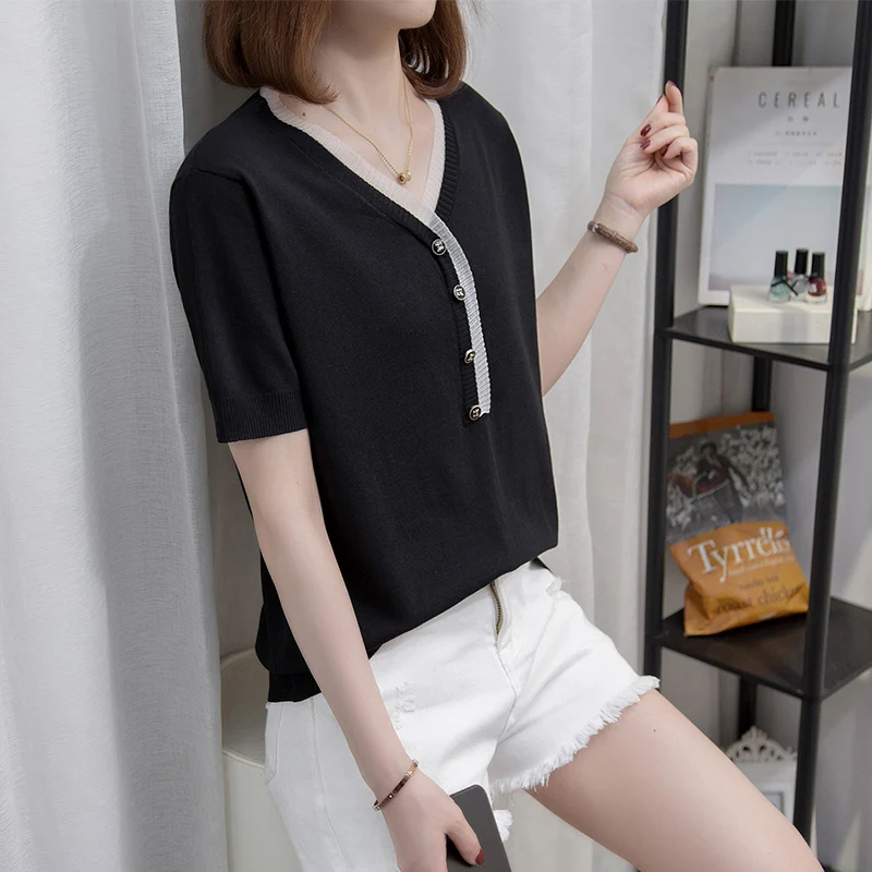 Knitted Short-Sleeved Women's Sweater Summer Thin Worsted V-Neck T-Shirt Summer New Pullover Loose Large Size Bottoming Shirt
Knitted Short-Sleeved Women's Sweater Summer Thin Worsted V-Neck T-Shirt Summer New Pullover Loose Large Size Bottoming Shirt