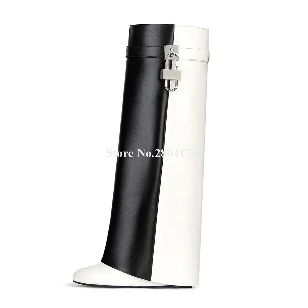 Fashion Design Wedge Knee High Boots White-Black Patchwork Metal Locks Decorated Long Wedge Boots
Fashion Design Wedge Knee High Boots White-Black Patchwork Metal Locks Decorated Long Wedge Boots