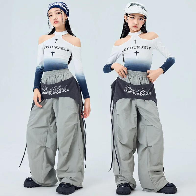 Kid Kpop Hip Hop Clothing Off Shoulder Halter Gradient T Shirt Gray Casual Belt Parachute Pants for Girl Dance Costumes Clothes
Kid Kpop Hip Hop Clothing Off Shoulder Halter Gradient T Shirt Gray Casual Belt Parachute Pants for Girl Dance Costumes Clothes