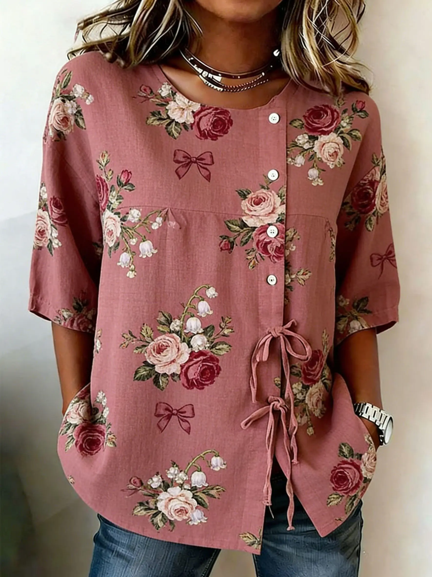Women's Floral Rose Print Casual Blouse, Button Tie Front Loose Top with Pockets for Spring Summer Daily Wear
Women's Floral Rose Print Casual Blouse, Button Tie Front Loose Top with Pockets for Spring Summer Daily Wear