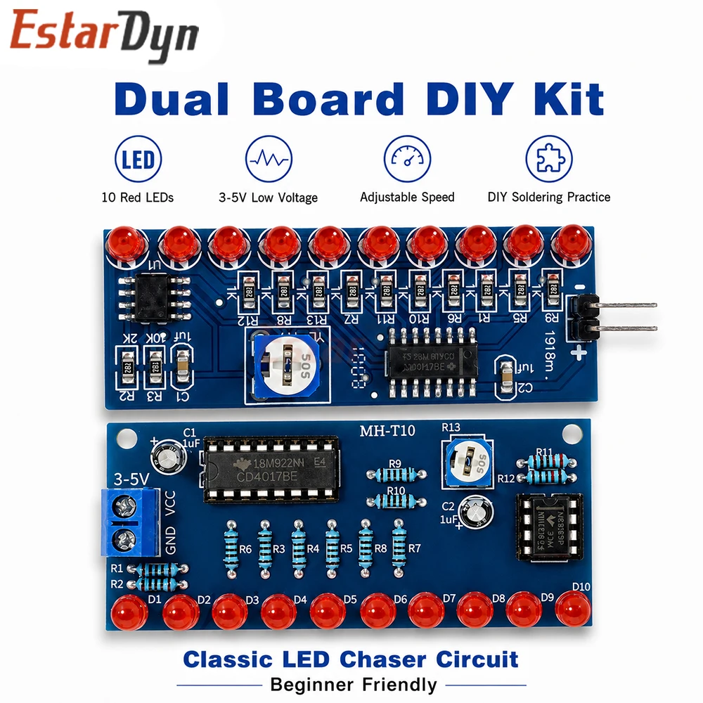 Estardyn NE555+CD4017 LED Flowing Water Light Chaser DIY Kit Soldering Practice Board for Kids Electronic Learning Lab
Estardyn NE555+CD4017 LED Flowing Water Light Chaser DIY Kit Soldering Practice Board for Kids Electronic Learning Lab