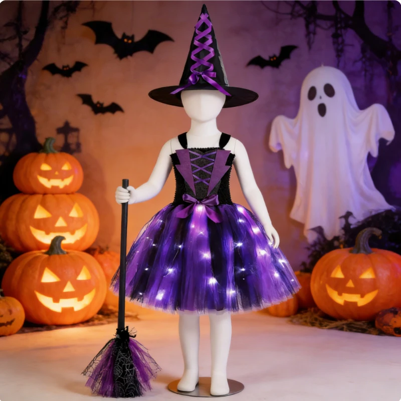 Kids Wicked Witch Fancy Festive Costume for Girls Carnival Halloween Dress with LED Lights Witch Hat Broom Girls Ghost Outfit
Kids Wicked Witch Fancy Festive Costume for Girls Carnival Halloween Dress with LED Lights Witch Hat Broom Girls Ghost Outfit