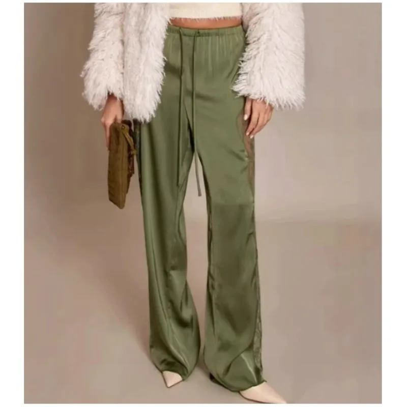 Women's Spring Summer Sexy Satin Lace Patchwork Design Pants Fashion Perspective Solid Color Lace Up Pants Lady Stylish Trouser
Women's Spring Summer Sexy Satin Lace Patchwork Design Pants Fashion Perspective Solid Color Lace Up Pants Lady Stylish Trouser