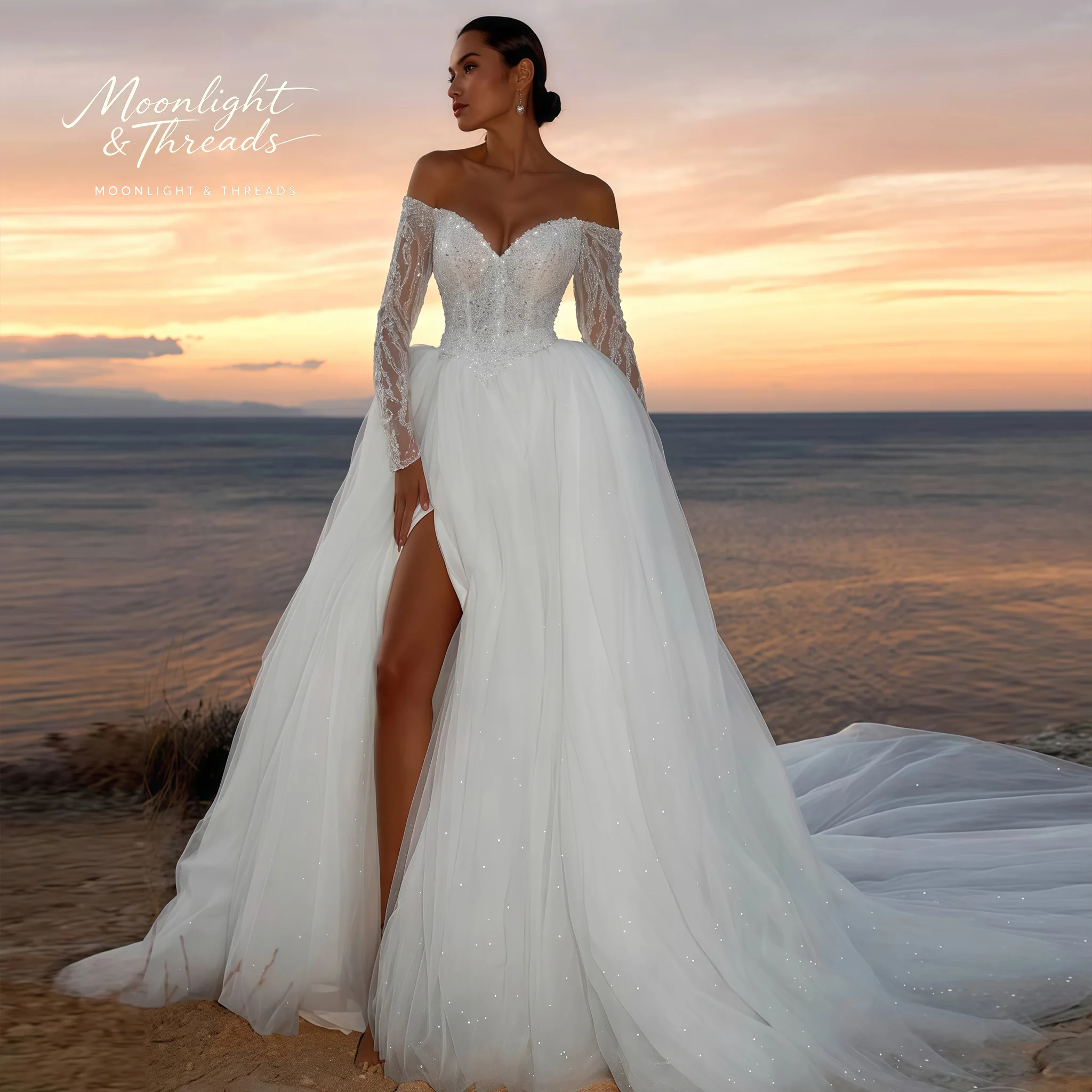 White off-the-shoulder long-sleeved sequined ball gown with a slit and boned bodice formal wedding attire
White off-the-shoulder long-sleeved sequined ball gown with a slit and boned bodice formal wedding attire