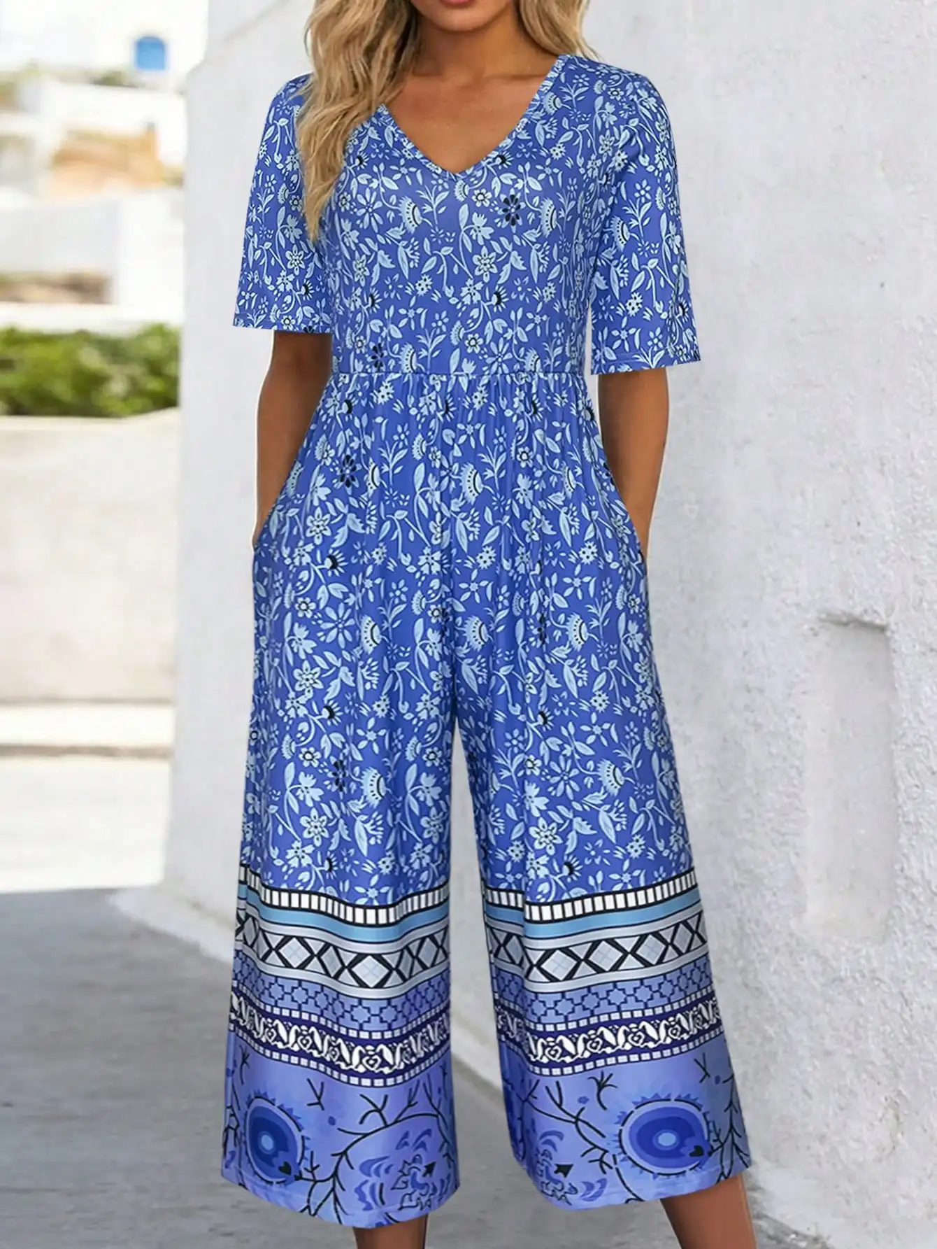 Women's Blue White Floral & Tribal Print V-Neck Jumpsuit, Short Sleeve Wide Leg Romper with Pockets, Summer Beach Outfit
Women's Blue White Floral & Tribal Print V-Neck Jumpsuit, Short Sleeve Wide Leg Romper with Pockets, Summer Beach Outfit
