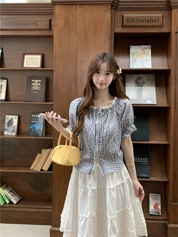 Summer Plaid Short Sleeve Women's Shirt One Shoulder Puffy Sleeve Waist Cinched Slimming Korean Style Top Fashionable Casual
Summer Plaid Short Sleeve Women's Shirt One Shoulder Puffy Sleeve Waist Cinched Slimming Korean Style Top Fashionable Casual