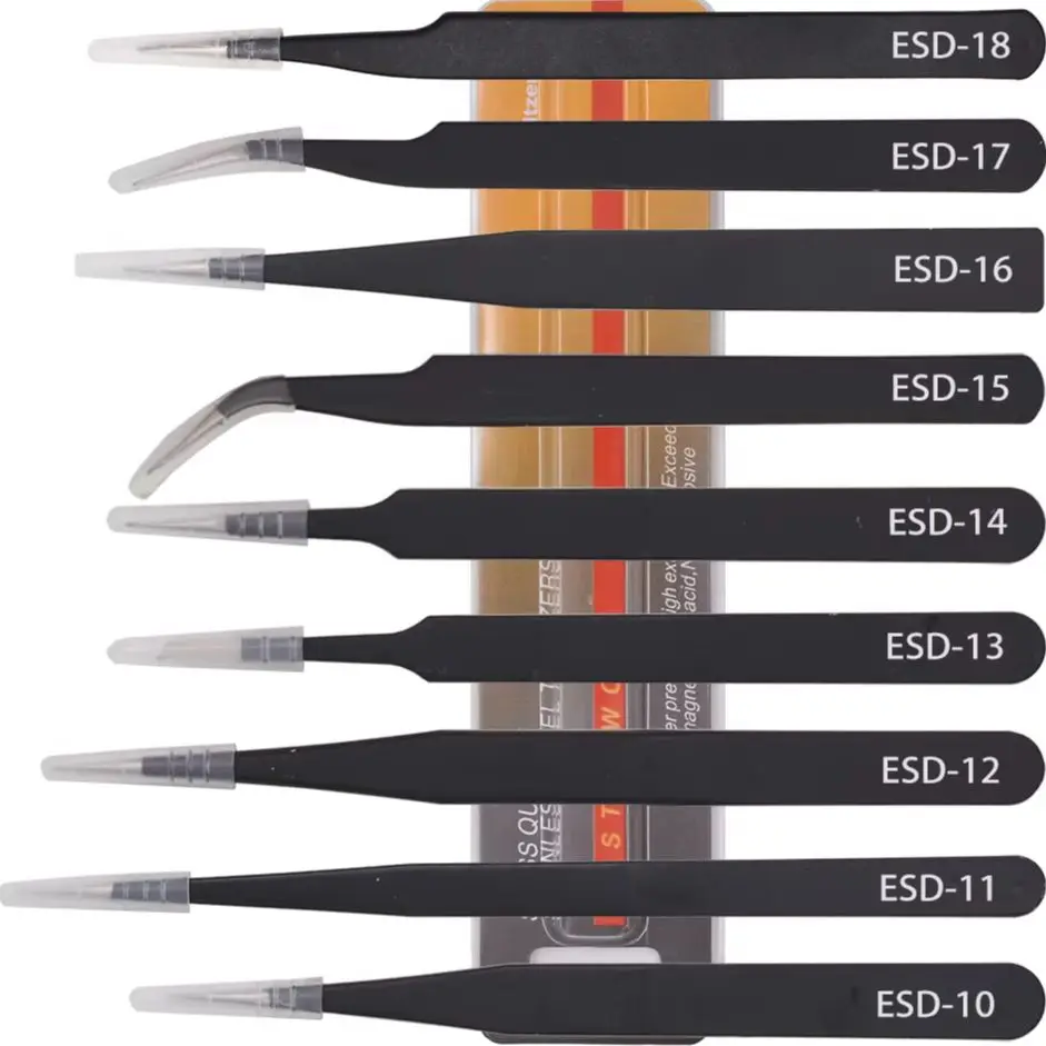 Yellow Package Black Tweezers HRC40 Antistatic Stainless Steel Nipper ESD-10 11 12 13 14 15 for Repairing 400pcs/lot
Yellow Package Black Tweezers HRC40 Antistatic Stainless Steel Nipper ESD-10 11 12 13 14 15 for Repairing 400pcs/lot