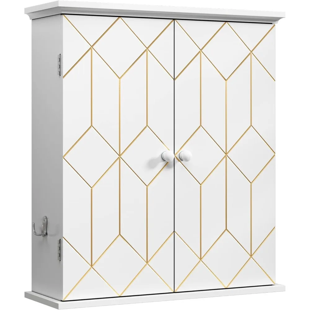 Bathroom cabinet with gold decoration, wall mounted bathroom storage cabinet with adjustable shelves and side hooks
Bathroom cabinet with gold decoration, wall mounted bathroom storage cabinet with adjustable shelves and side hooks