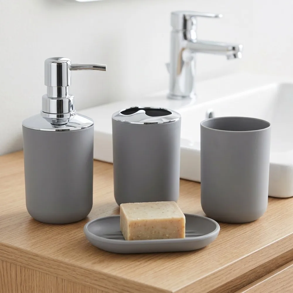 4 PCS Plastic Bathroom Accessories Set White Grey 4-Piece Bathroom Vanity Set Shatter-Resistant Easy Clean
4 PCS Plastic Bathroom Accessories Set White Grey 4-Piece Bathroom Vanity Set Shatter-Resistant Easy Clean
