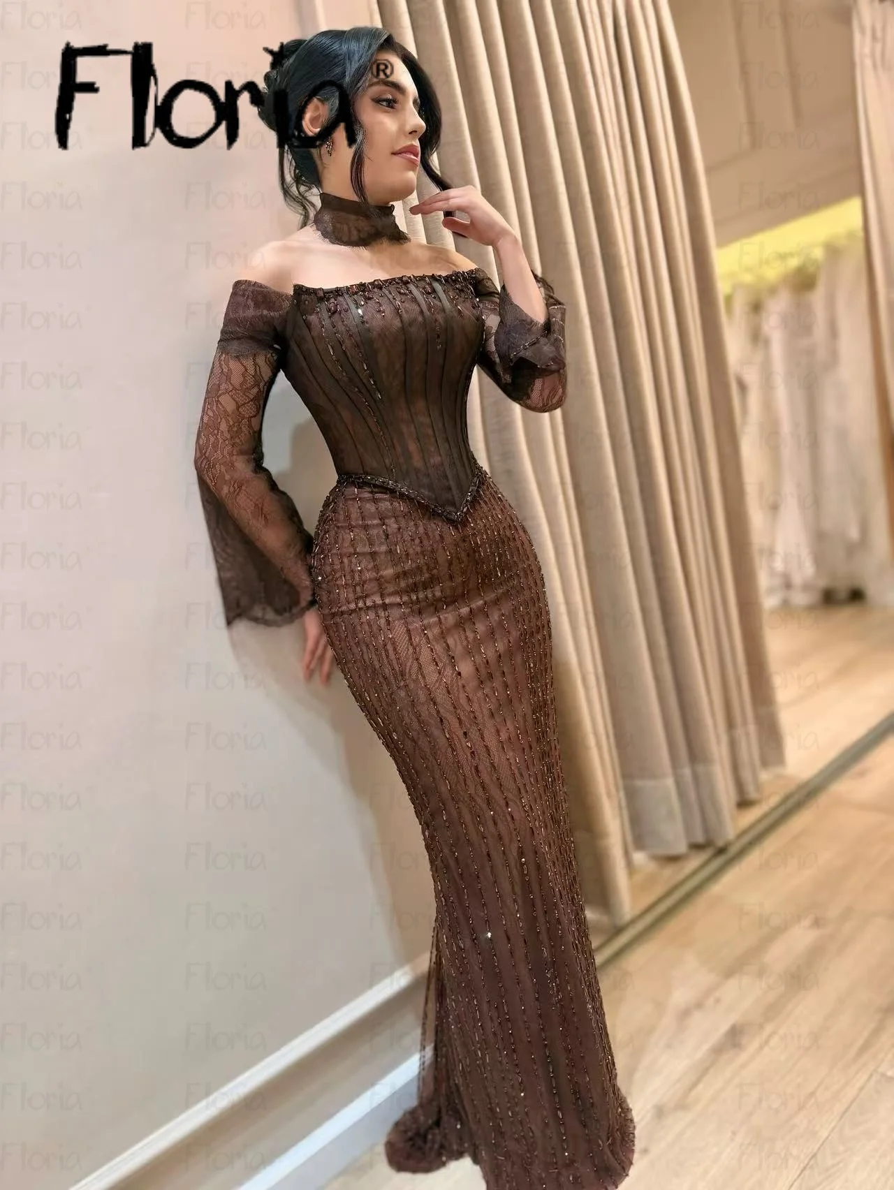 Brown Lace Evening Dress Off The Shoulder Full Sleeves Saudi Arabia Club Long Party Dresses Customized Birthday Prom Dress 2025
Brown Lace Evening Dress Off The Shoulder Full Sleeves Saudi Arabia Club Long Party Dresses Customized Birthday Prom Dress 2025
