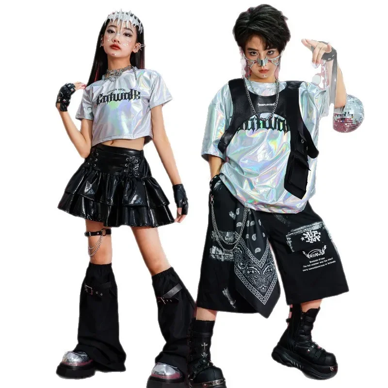 Hip Hop Boys T-shirt Street Dance Silver Pants Girls K-pop Shiny Joggers Kids Jazz Clothes Set Child Summer High-tech Streetwear
Hip Hop Boys T-shirt Street Dance Silver Pants Girls K-pop Shiny Joggers Kids Jazz Clothes Set Child Summer High-tech Streetwear