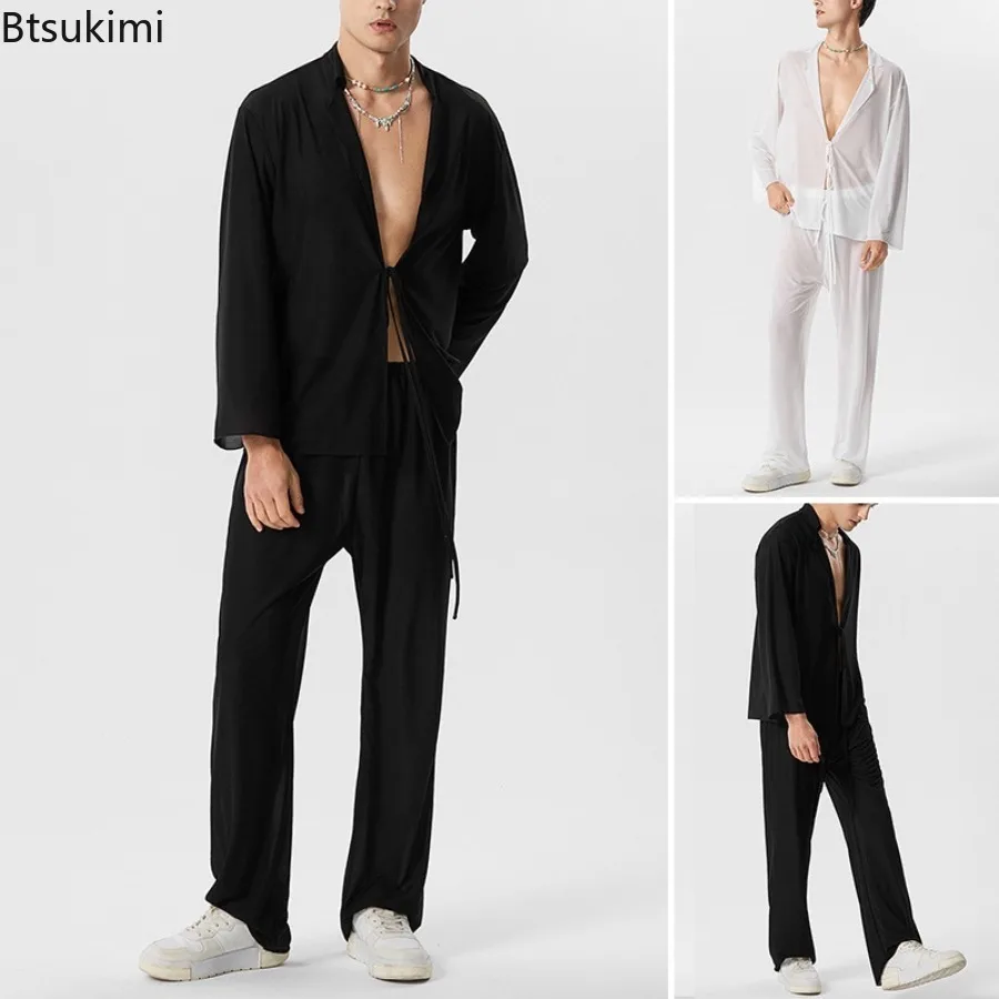 Sexy Deep V Lace-up Perspective Cardigans Two Piece Sets for Men Fashion Long Sleeve Shirt and Pants Suit Male Casual Streetwear
Sexy Deep V Lace-up Perspective Cardigans Two Piece Sets for Men Fashion Long Sleeve Shirt and Pants Suit Male Casual Streetwear