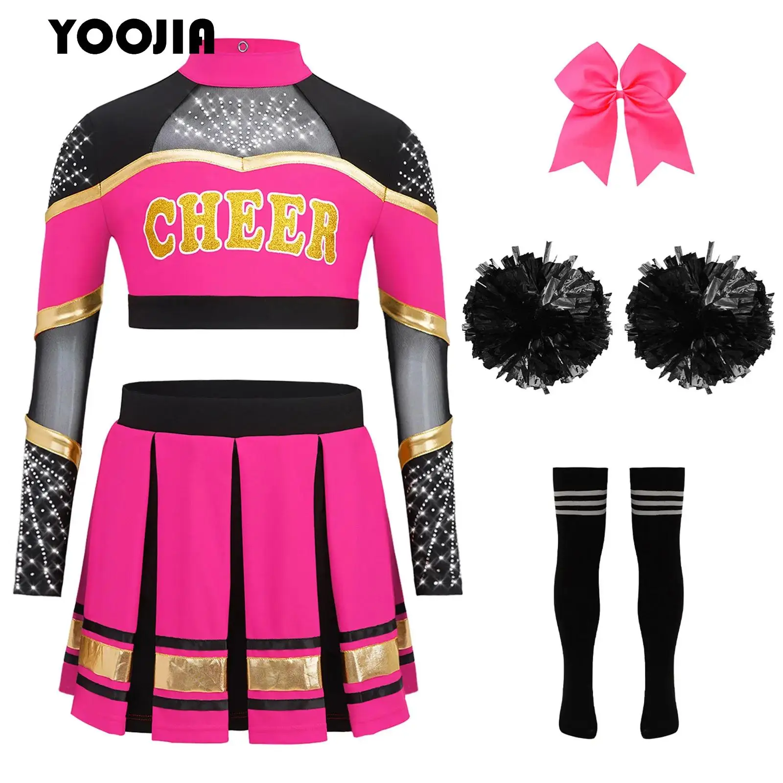 Cheerleading Dance Outfit for Girls Letters Printed Crop Top with Skirt Flower Balls Socks Headwear Cheerleader Uniform Costume
Cheerleading Dance Outfit for Girls Letters Printed Crop Top with Skirt Flower Balls Socks Headwear Cheerleader Uniform Costume