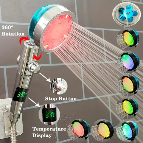 LED Digital Temperature Display Shower Head Temperature Control Colorful Fan Spray Nozzle High Pressure Rainfall Bathroom Shower