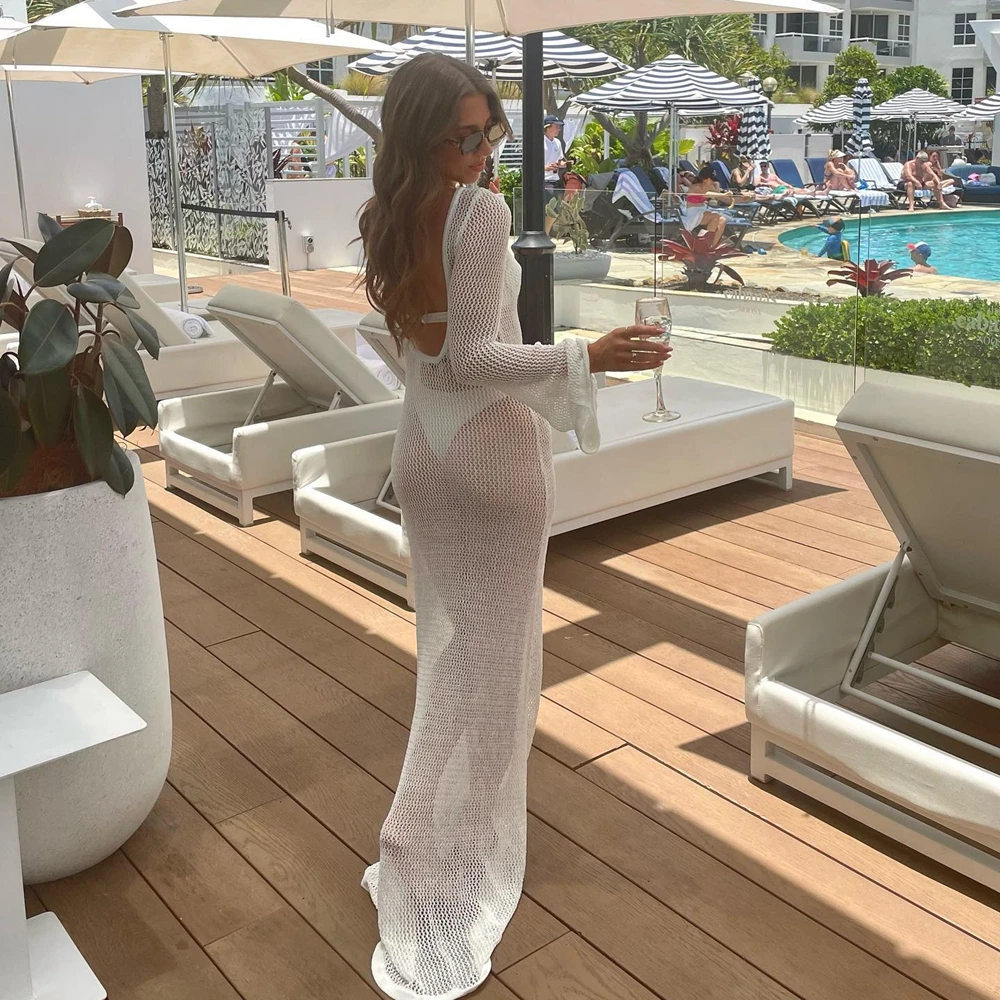 Women's Summer Long Knit See-through Beachwear Solid Color Flare Long Sleeve O Neck Hollow Backless Cover Up Dress
Women's Summer Long Knit See-through Beachwear Solid Color Flare Long Sleeve O Neck Hollow Backless Cover Up Dress