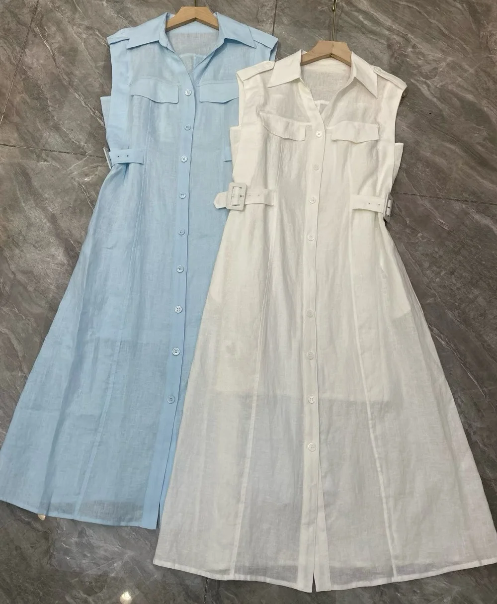 100%Linen Dress 2026 Summer Style Women Turn-down Collar Adjustable Waist Sleeveless Mid-Calf Length White Blue Luxury Dress
100%Linen Dress 2026 Summer Style Women Turn-down Collar Adjustable Waist Sleeveless Mid-Calf Length White Blue Luxury Dress
