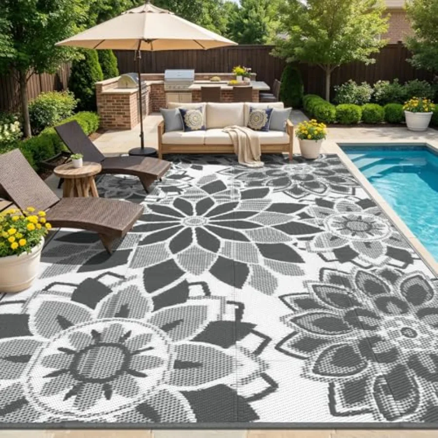 Outdoor Rug for Patio 9x12 ft, Reversible Plastic Straw, Grey White, Waterproof Floral Design for Deck, Porch, Picnic, Beach, B
Outdoor Rug for Patio 9x12 ft, Reversible Plastic Straw, Grey White, Waterproof Floral Design for Deck, Porch, Picnic, Beach, B