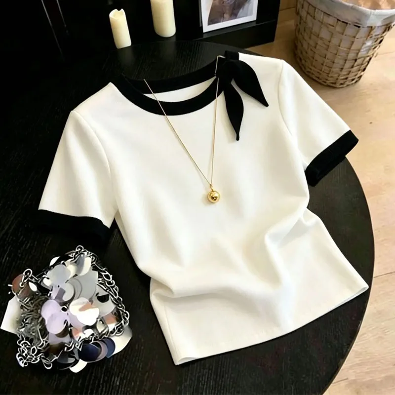 Knitted Sweater Women Pullovers Summer Short Sleeve Bow Knit Sweater Pullover Women Tops Fashion O-Neck Spliced Knitwears Q3750
Knitted Sweater Women Pullovers Summer Short Sleeve Bow Knit Sweater Pullover Women Tops Fashion O-Neck Spliced Knitwears Q3750