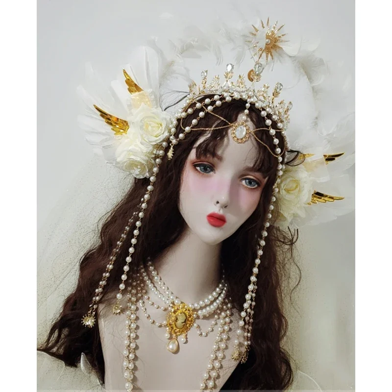 Gothic Lolita White Rose Angel Wings KC Halo Crown Headpiece Sun Goddess Mary Bead Chain Baroque Tiara Headwear Hair Accessories
Gothic Lolita White Rose Angel Wings KC Halo Crown Headpiece Sun Goddess Mary Bead Chain Baroque Tiara Headwear Hair Accessories