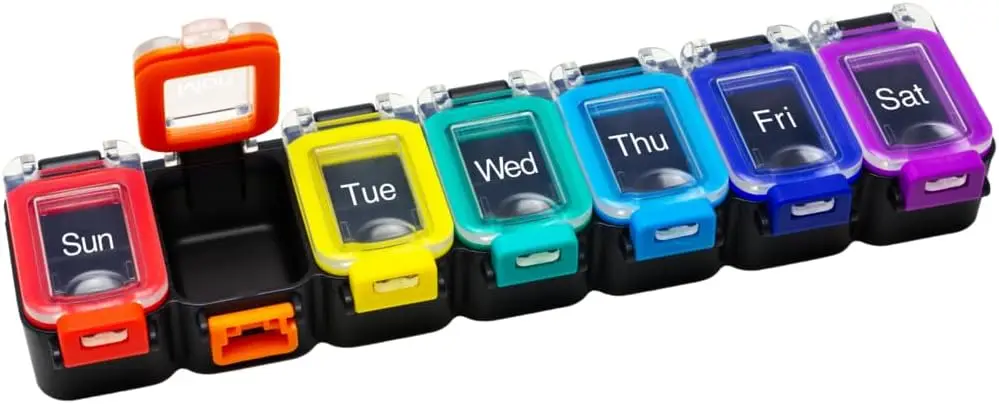 Weekly 7-Day Pill Planner, Waterproof Locking Medicine Case, Vitamin Organizer for Travel, Secure Medication Container, Rainbow
Weekly 7-Day Pill Planner, Waterproof Locking Medicine Case, Vitamin Organizer for Travel, Secure Medication Container, Rainbow