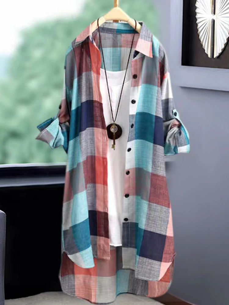 Women's Cotton Linen irt Spring Autumn Design Loose Long Sve Sun Protection Top Trendy Plaid Pattern Button Detail
Women's Cotton Linen irt Spring Autumn Design Loose Long Sve Sun Protection Top Trendy Plaid Pattern Button Detail