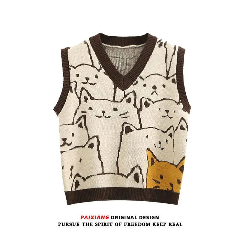 Japanese v-neck knitted vest for women in autumn and winter new retro cat print layered sleeveless sweater bottoming shirt y2k
Japanese v-neck knitted vest for women in autumn and winter new retro cat print layered sleeveless sweater bottoming shirt y2k