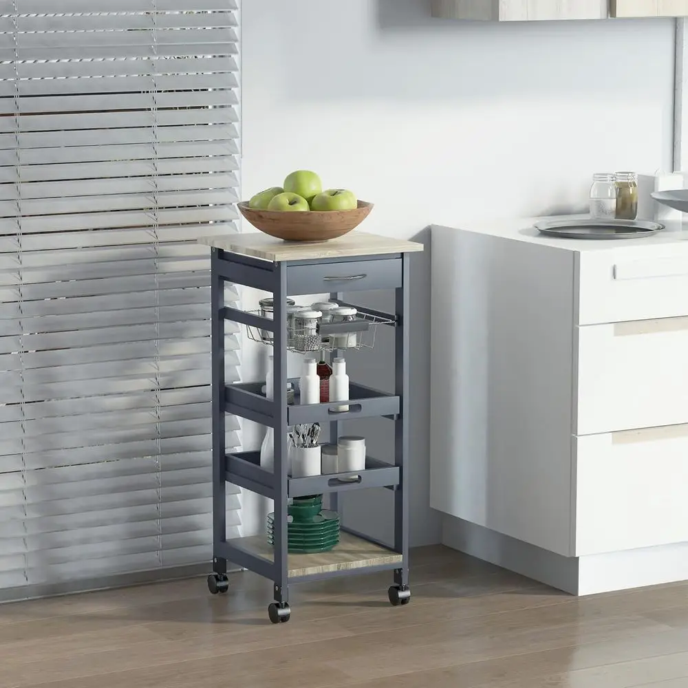 Gray Rolling Kitchen Island with Solid Wood Utility Cart, Storage, Wire Baskets, and Trays
Gray Rolling Kitchen Island with Solid Wood Utility Cart, Storage, Wire Baskets, and Trays