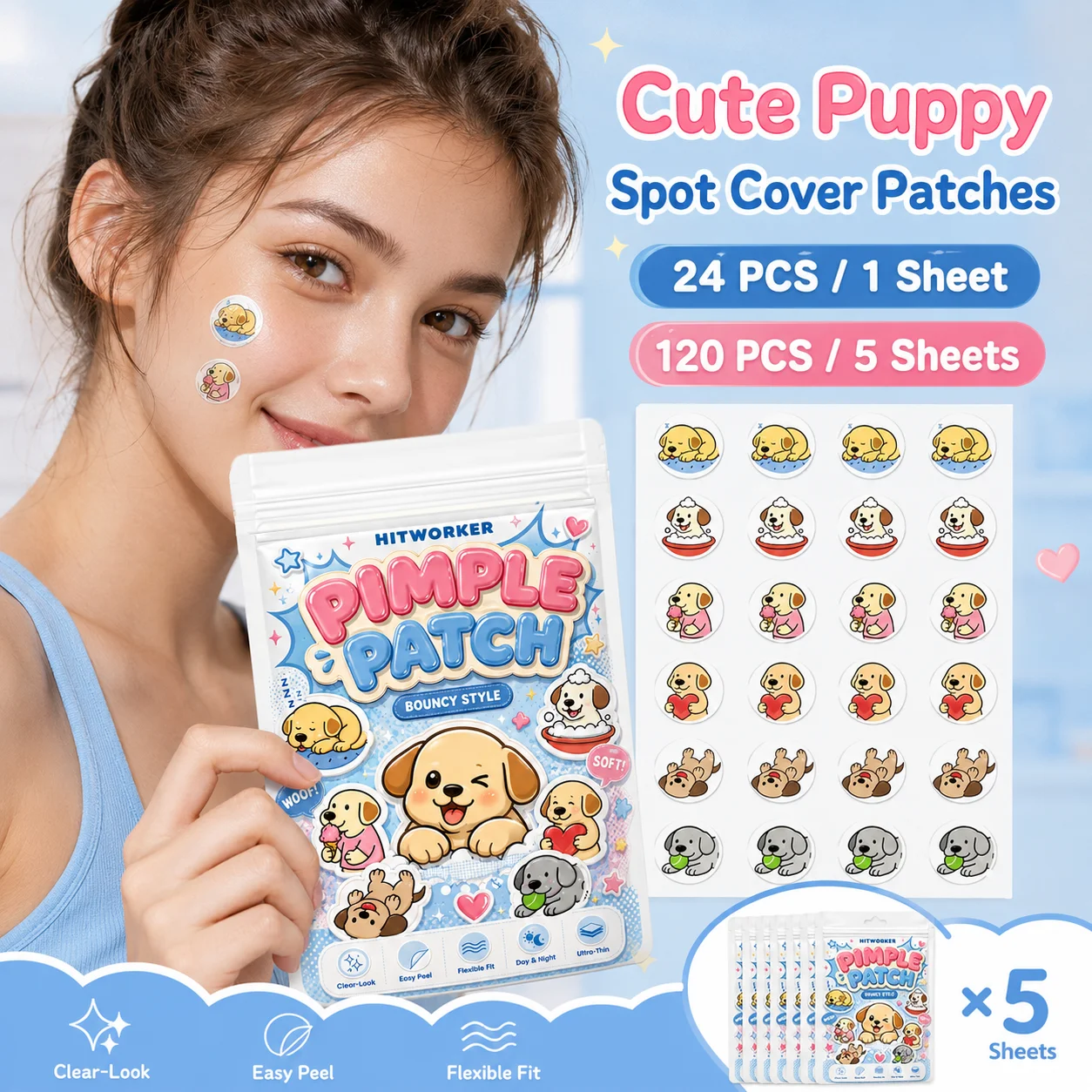 Cute Puppy Spot Cover Patches, 24Pcs or 120Pcs Hydrocolloid Face Stickers, Clear-Look Finish, Easy Peel, Flexible Fit, DailyWear
Cute Puppy Spot Cover Patches, 24Pcs or 120Pcs Hydrocolloid Face Stickers, Clear-Look Finish, Easy Peel, Flexible Fit, DailyWear
