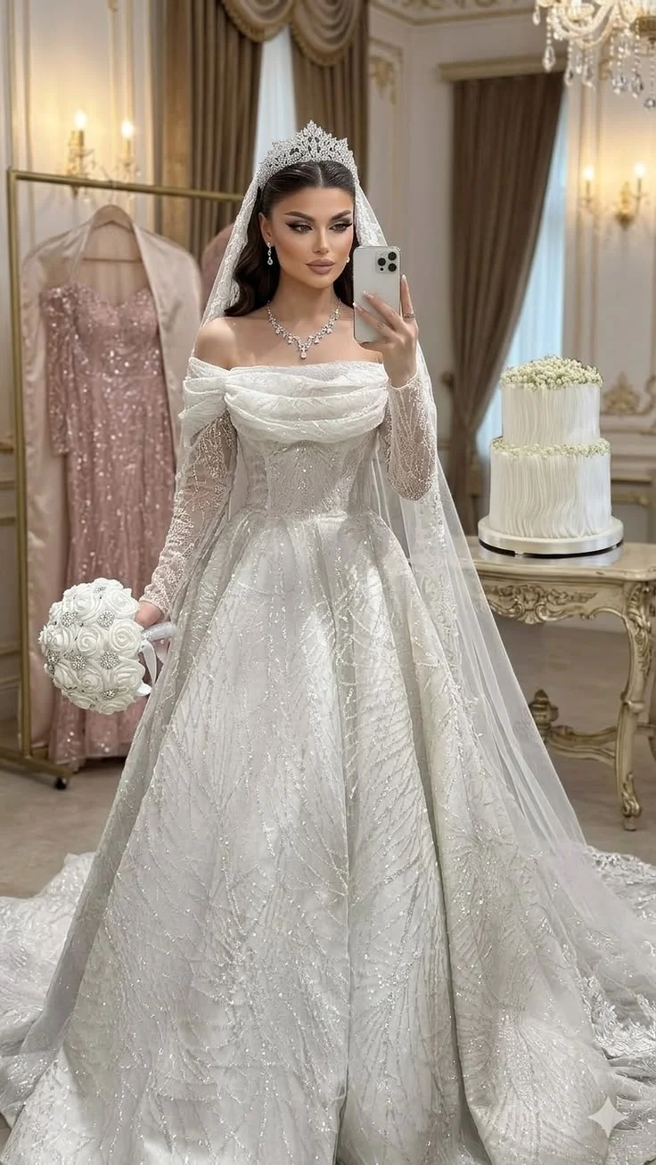 Elegant Off Shoulder Ball Gown Wedding Dress Long Sleeve Sparkly Lace Up Back Cathedral Train Bridal Gown For Bride Customized
Elegant Off Shoulder Ball Gown Wedding Dress Long Sleeve Sparkly Lace Up Back Cathedral Train Bridal Gown For Bride Customized