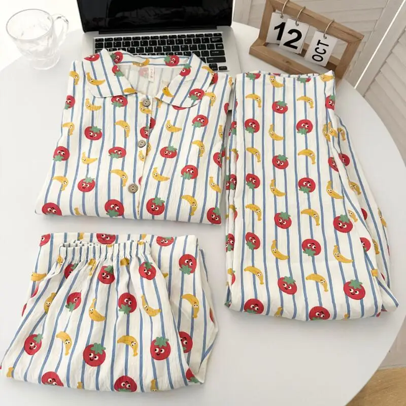 Women's Printed Summer New Short Sleeved Shorts Pajamas Set Cartoon Women's Cardigan Trousers Home Wear Set Soft Three Piece Set
Women's Printed Summer New Short Sleeved Shorts Pajamas Set Cartoon Women's Cardigan Trousers Home Wear Set Soft Three Piece Set